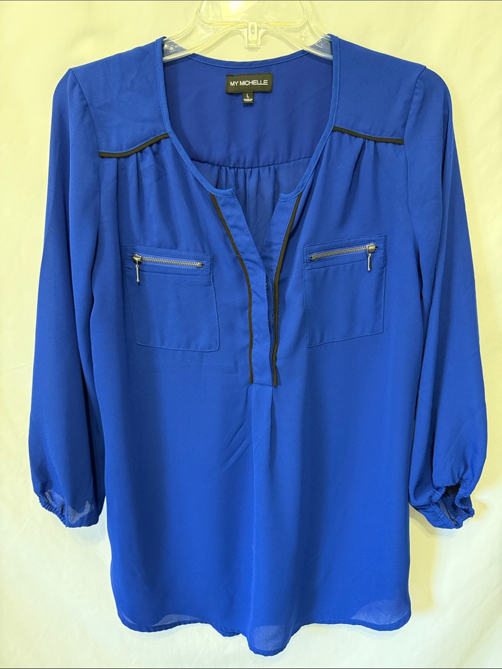 My Michelle Cobalt Blue Split V-Neck Blouse with Zip Pockets